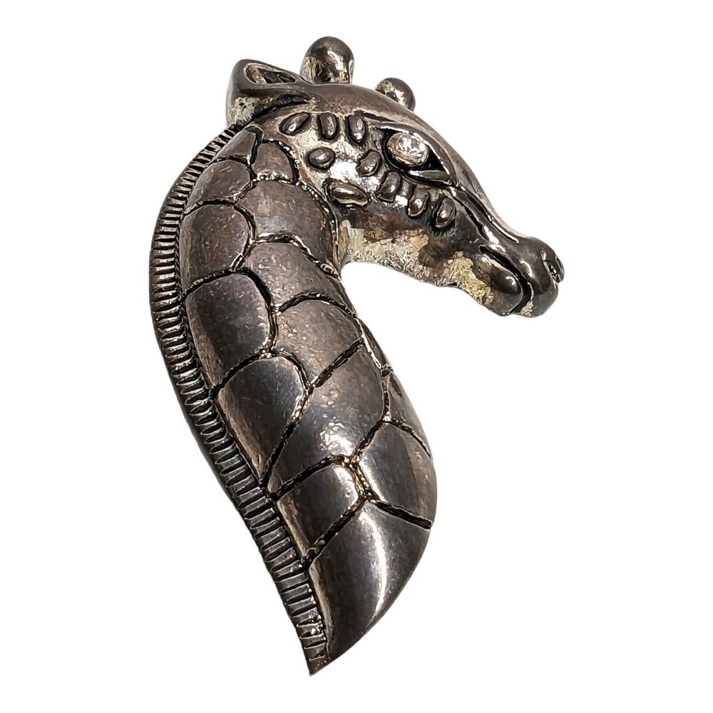 Vintage Silver Metal Giraffe Animal Brooch Pin Jewelry Clear‎ Rhinestone Eye